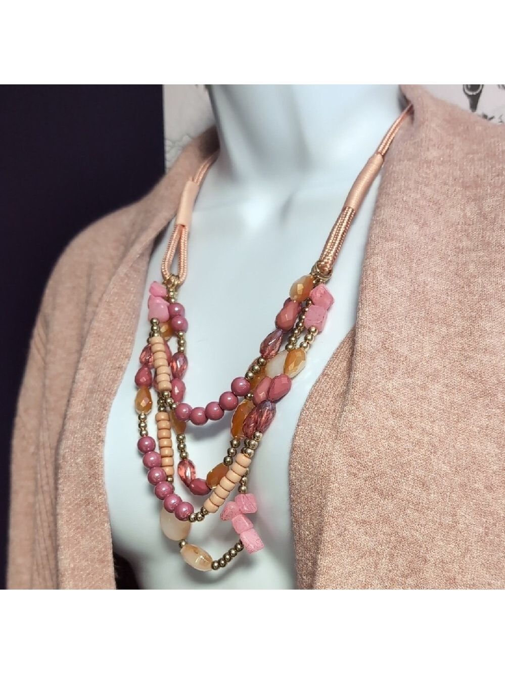 Pastel Pink Rope Multi-strand Glass Beaded Necklace